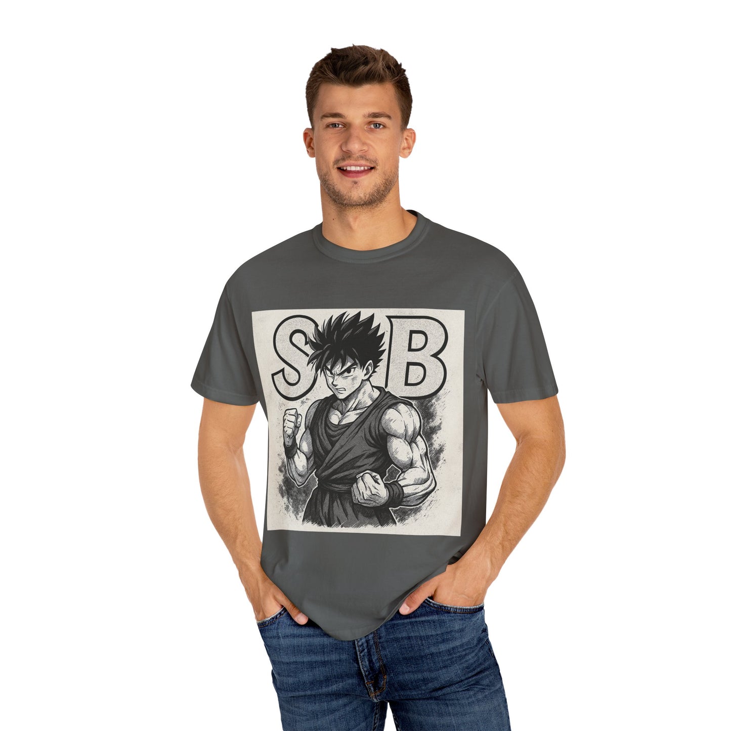 Garment-Dyed T-shirt with Fighter Graphics, Unisex Activewear, Anime-Inspired Tee, Gift for Fans, Casual Streetwear
